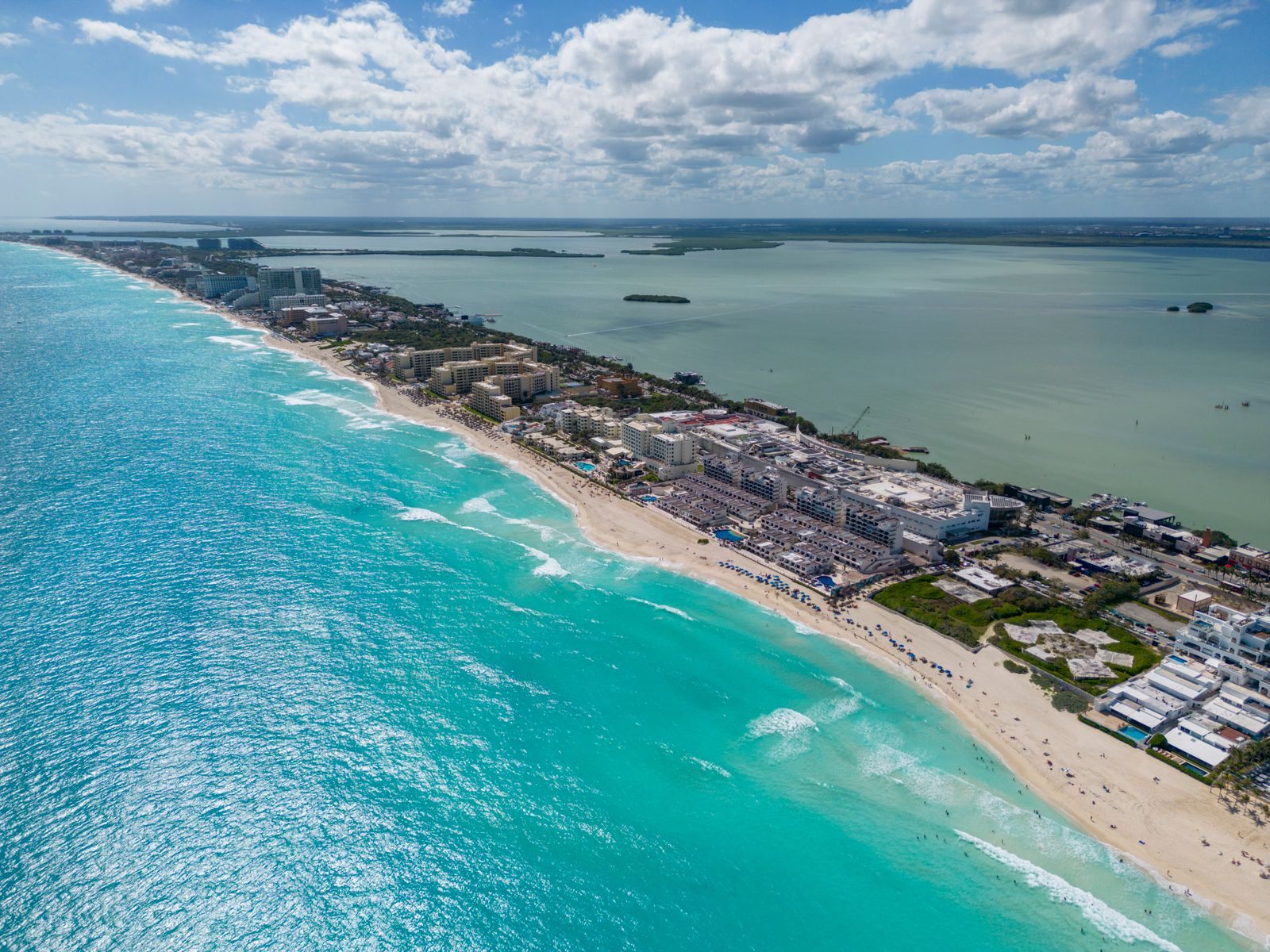 Aerial view of the Cancún Hotel Zone beaches and turquoise water
