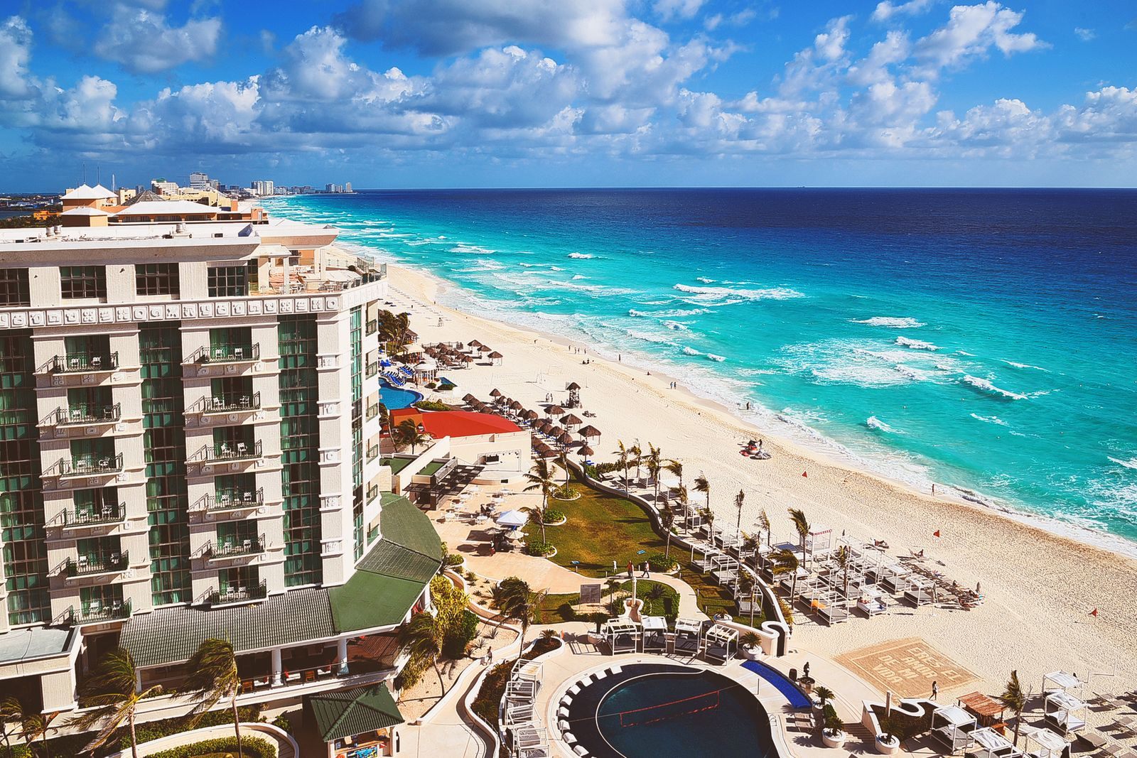 Aerial view of a beachfront all-inclusive resort on the Cancún coast, Mexico