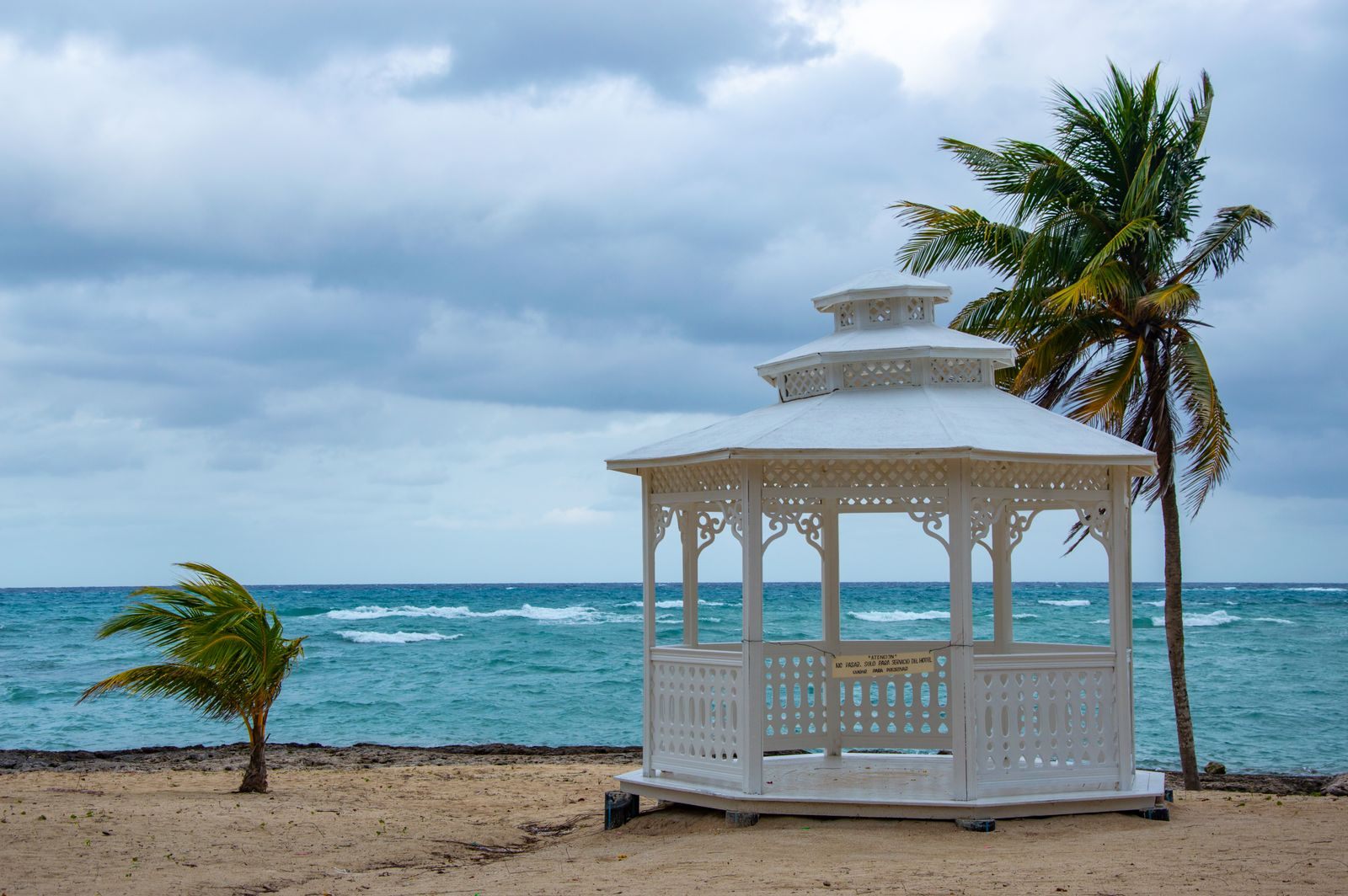 White gazebo and palm trees on a tropical beach