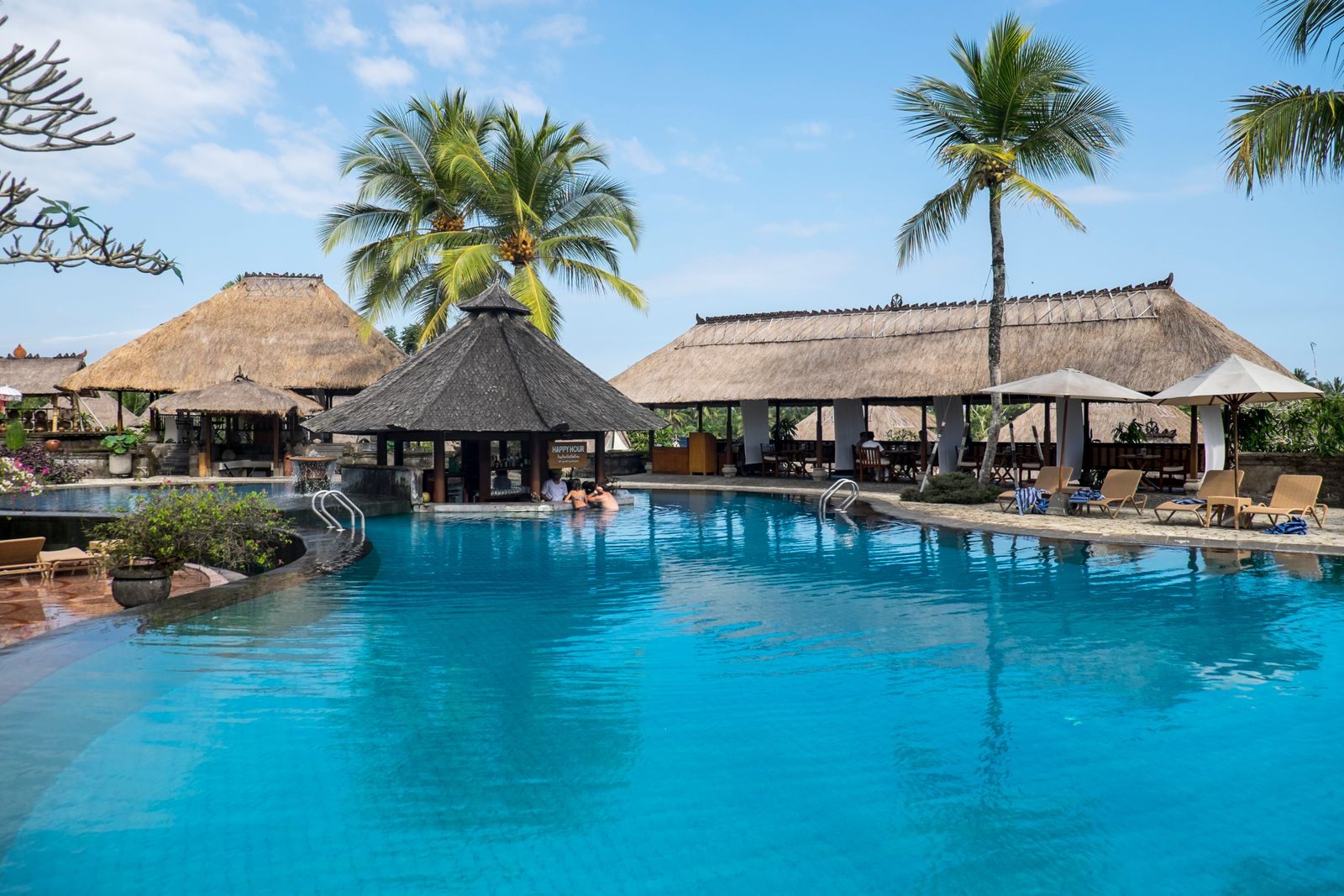 Resort pool with thatched-roof pavilions and palm trees